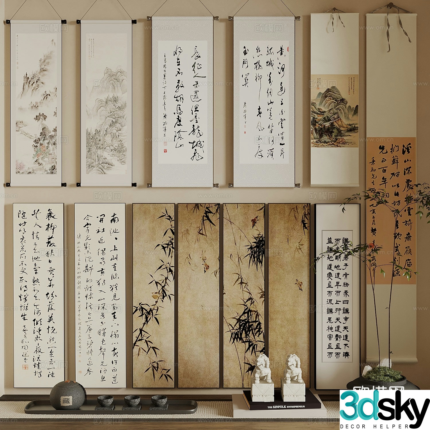 New Chinese style decorative painting calligraphy hanging painting 3d model
