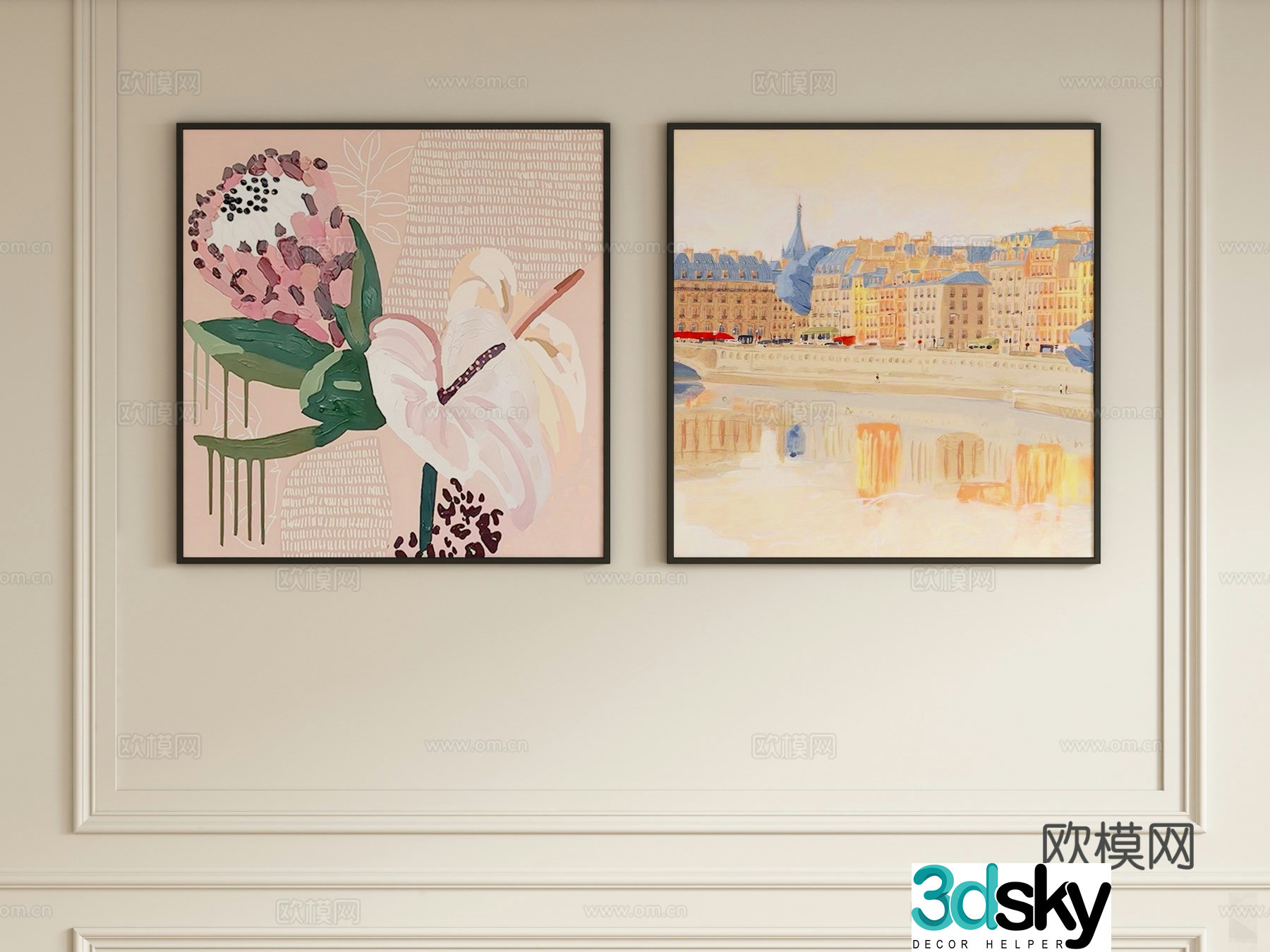 Cream style decorative painting hanging painting 3d model