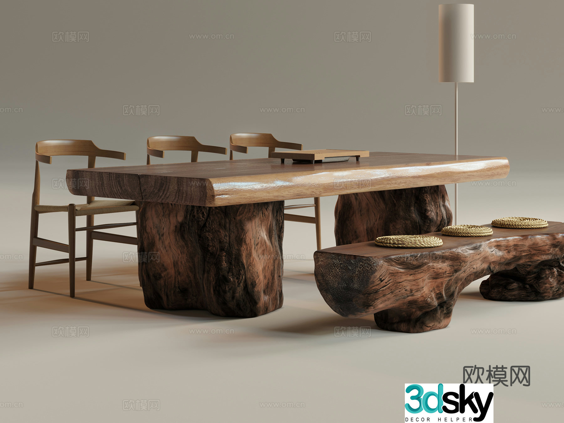 New Chinese tea table and chairs tea table wooden stool 3d model
