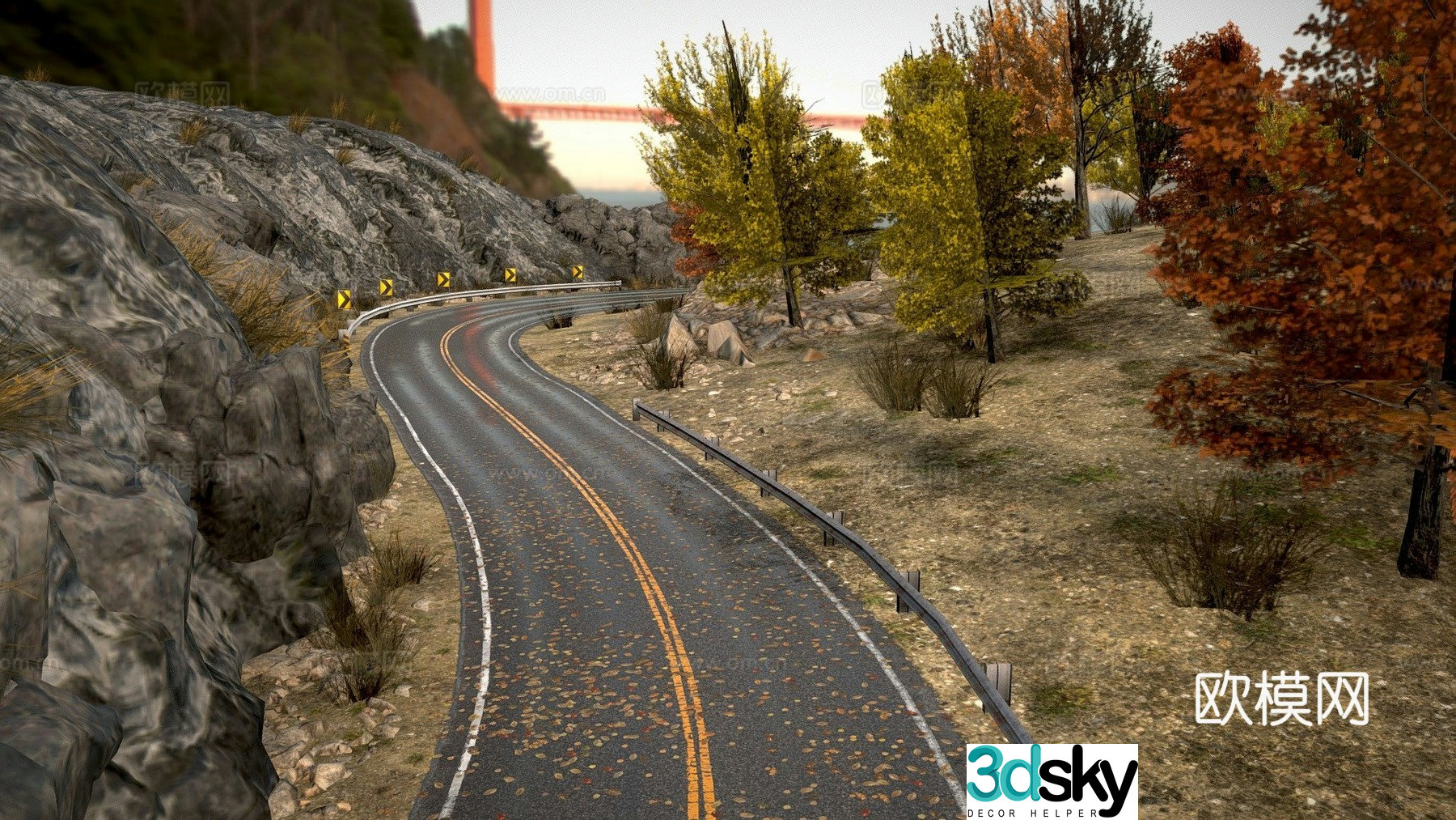 Autumn mountain road scene 3d model