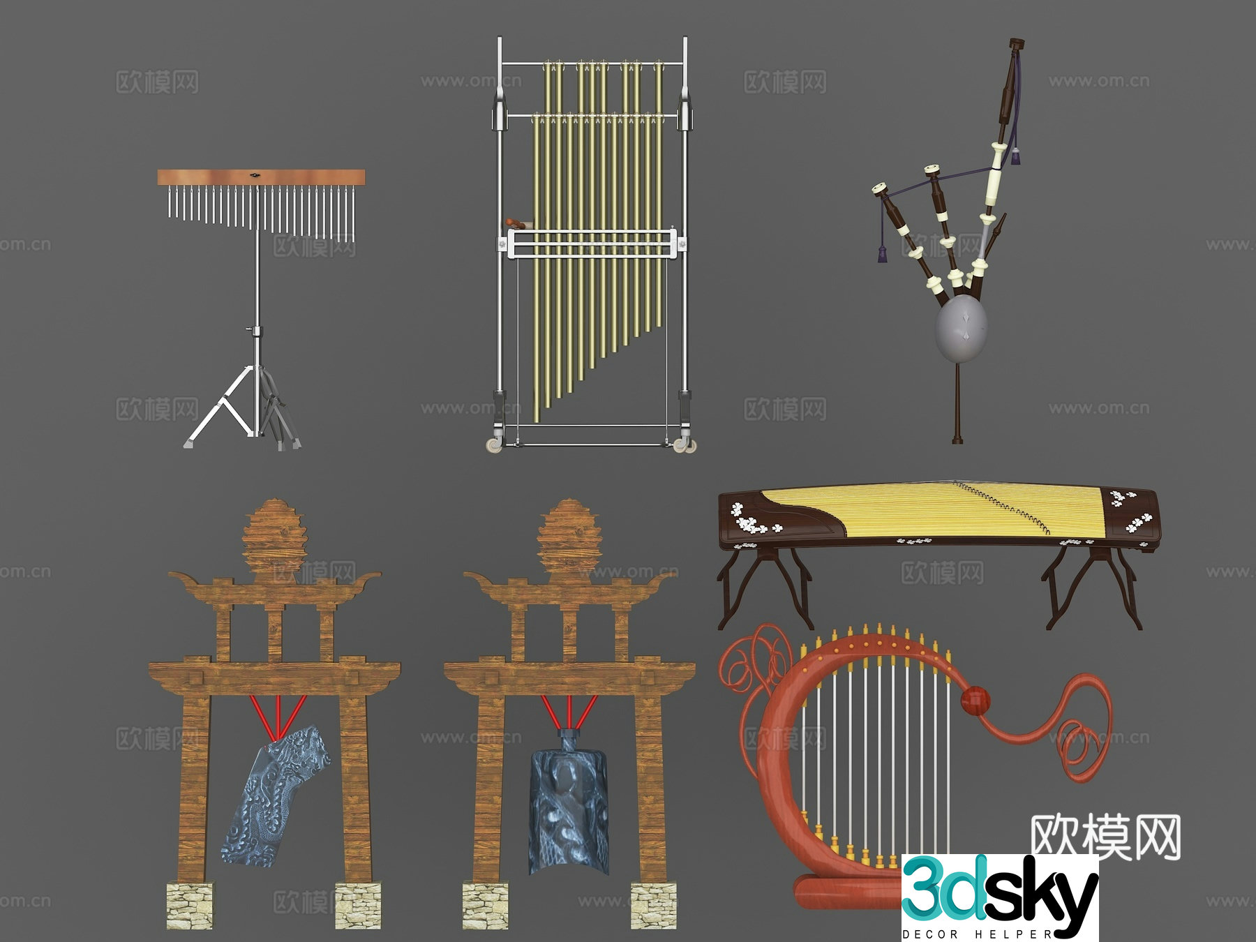 Panpipes chimes guzheng harps ethnic musical instruments ancient musical instruments 3D model