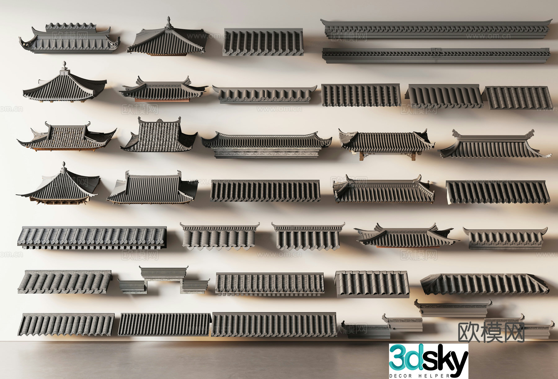 Chinese eaves roof tile ridge 3d model