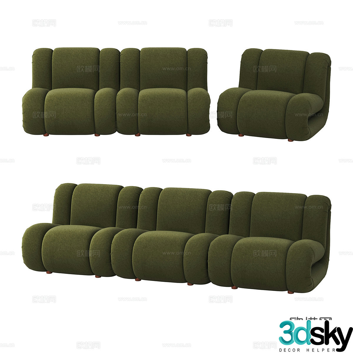 Modern minimalist row sofa three-person sofa 3D model