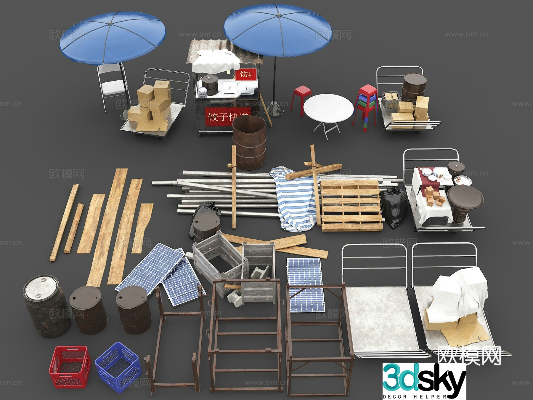 Wheel plate cart oil barrel solar panel 3d model