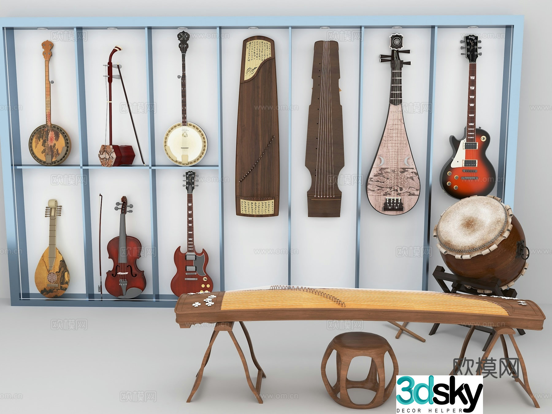 Erhu Pipa Guzheng Guitar Drum Ruan minority musical instrument 3d model