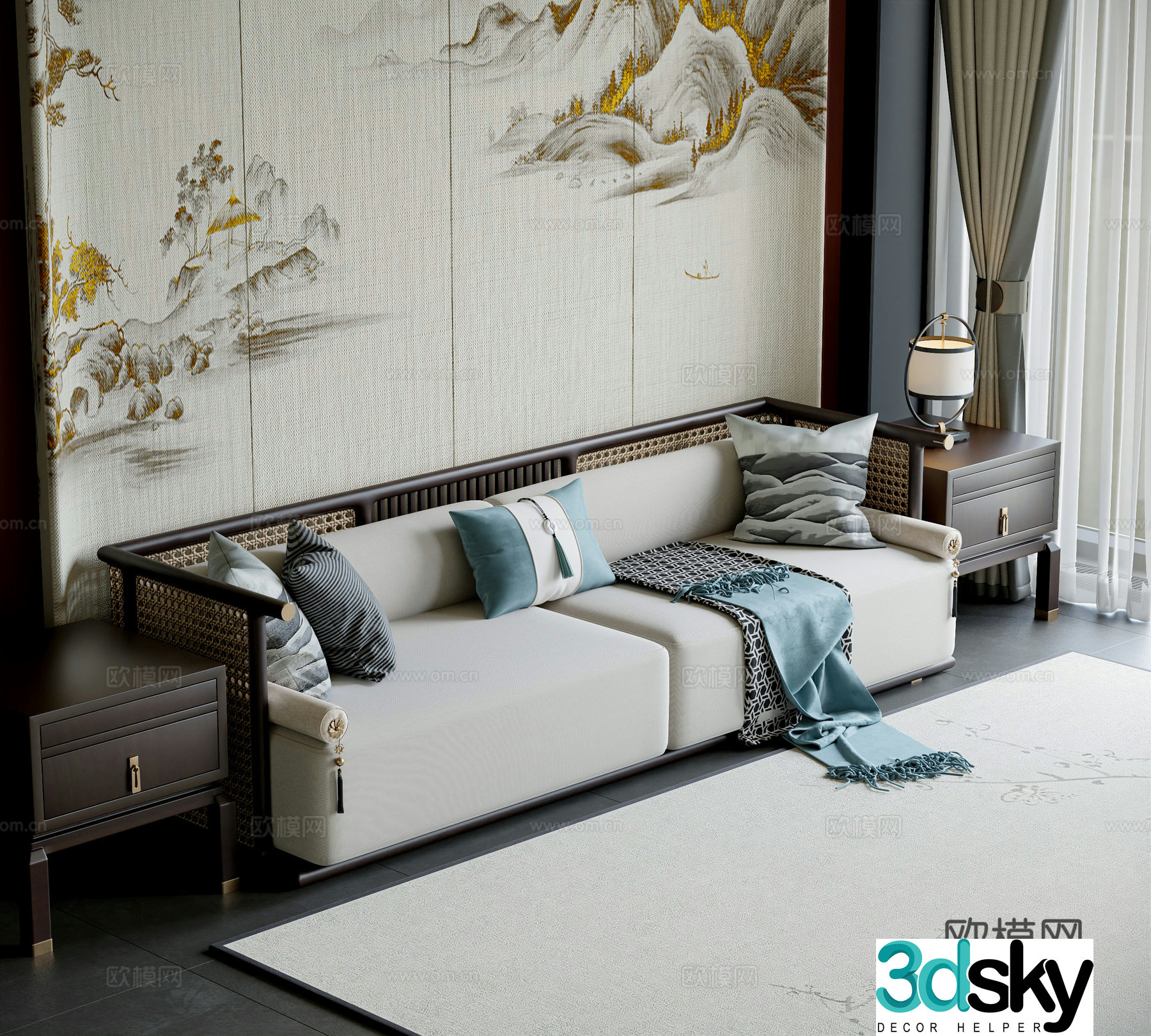 New Chinese style sofa double sofa Luohan bed 3D model