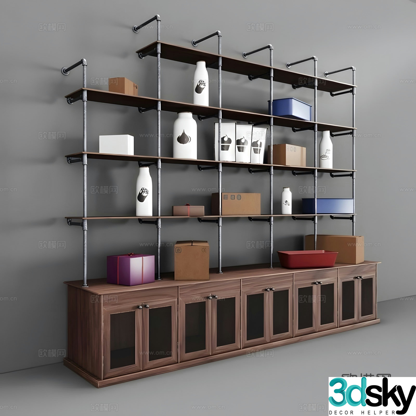 Industrial wind wall wooden rack storage rack 3d model