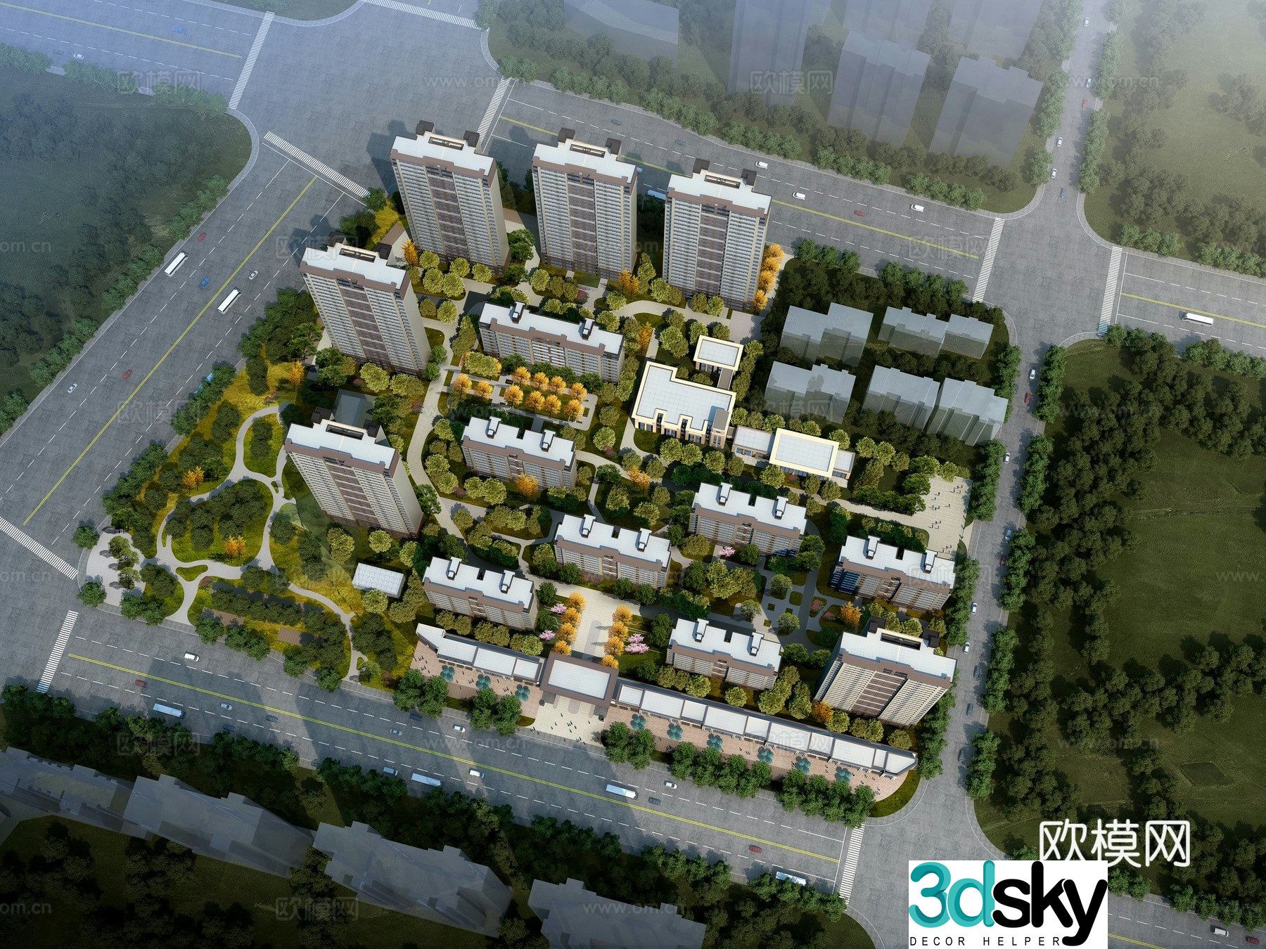 Residential area aerial view 3d model