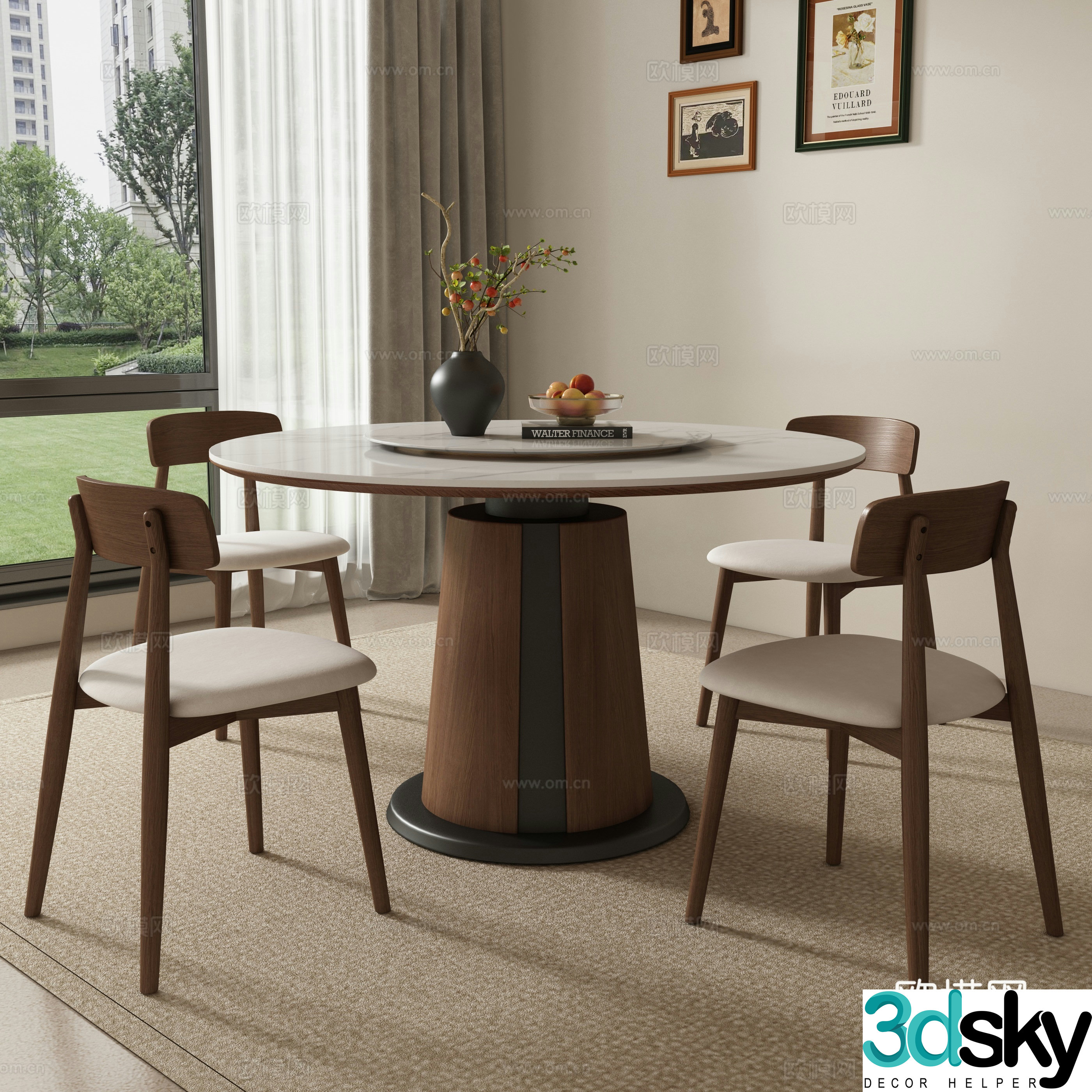 Medieval style dining table and chairs round dining table 3D model