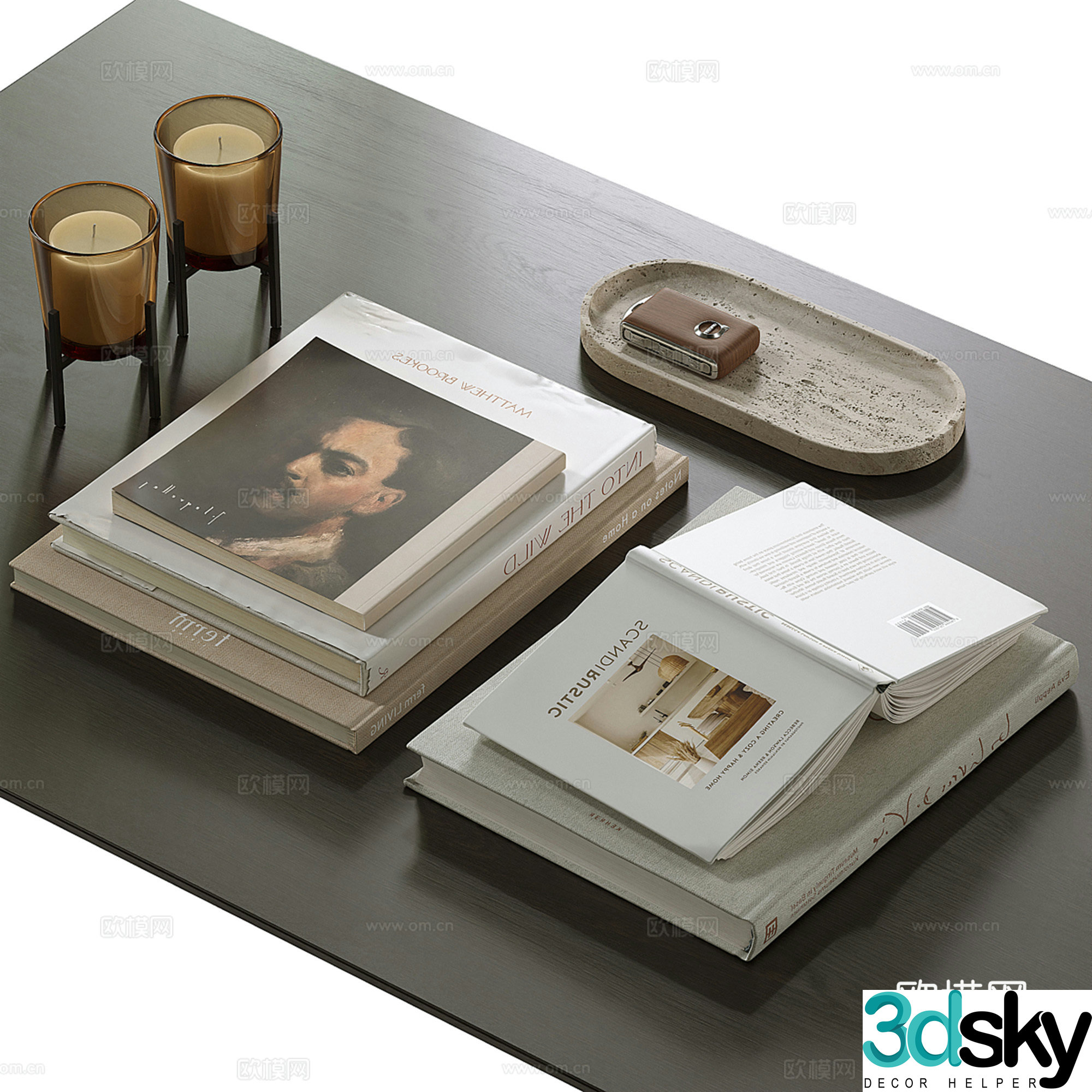 Modern desktop accessories books candles 3d model