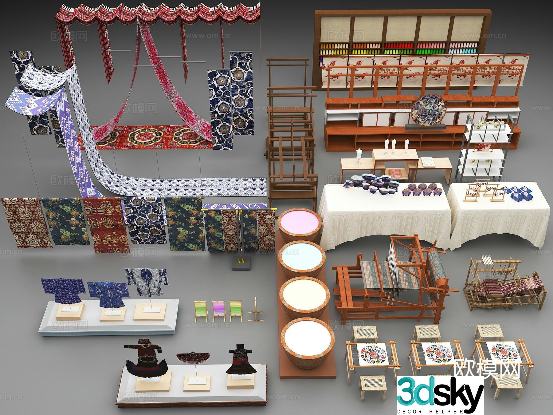 Chinese style fabric dyeing workshop ancient loom satin national costume sketch 3D model