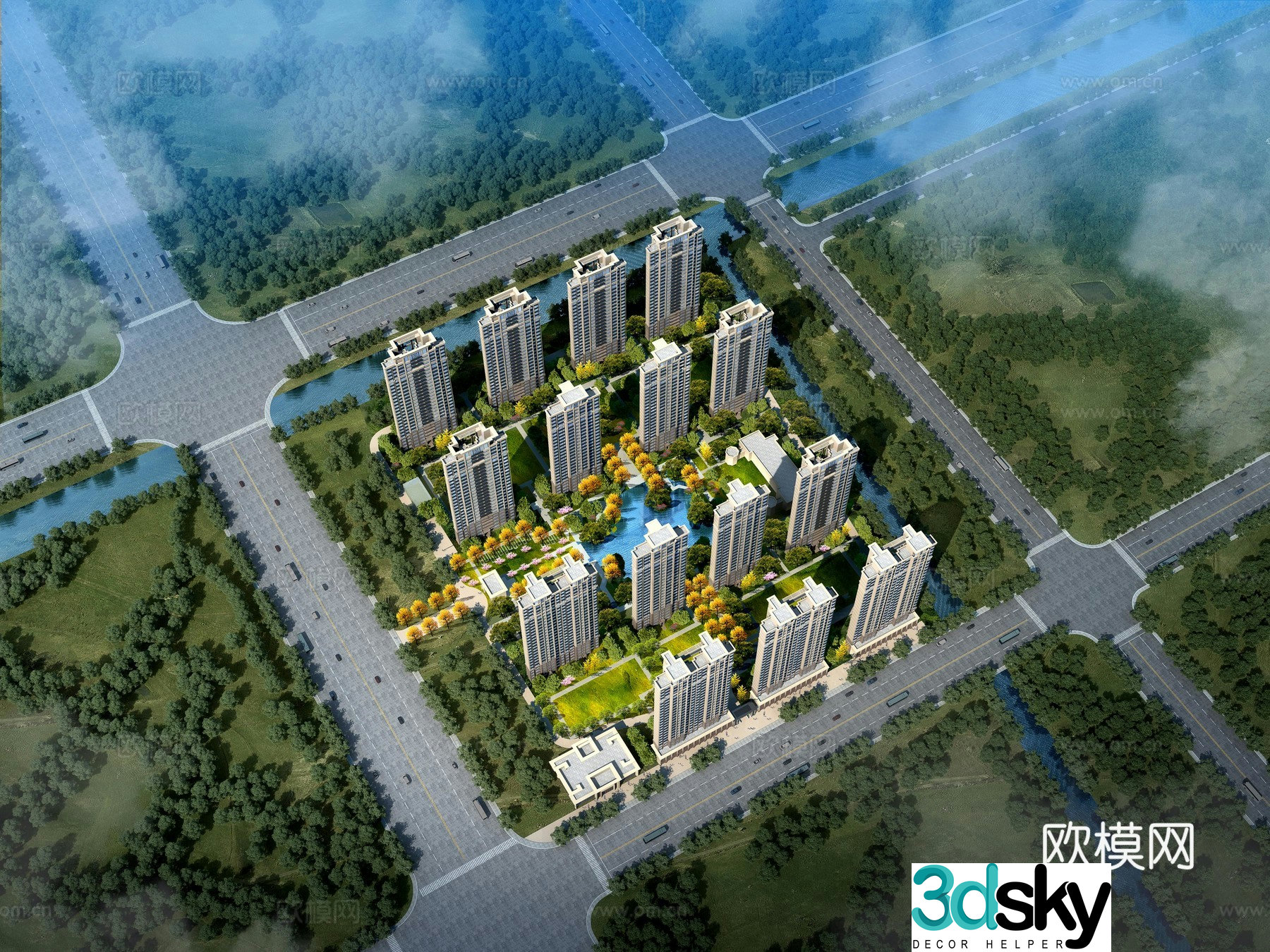 Residential area aerial view 3d model