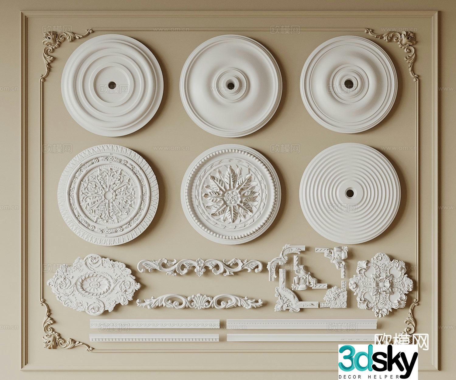 European carved lamp panel plaster disc plaster line 3D model