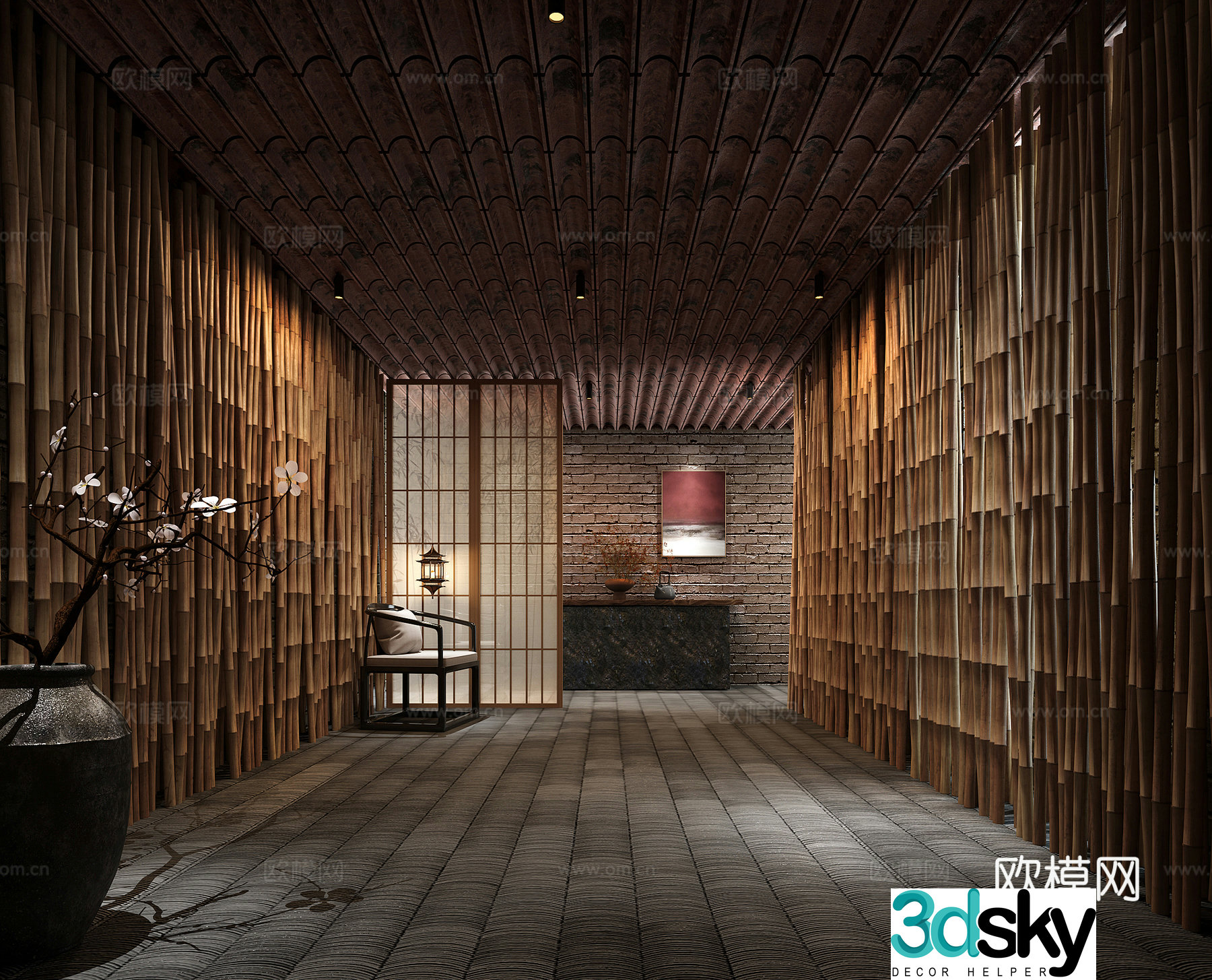 Wabi-sabi style exhibition hall reception area 3D model