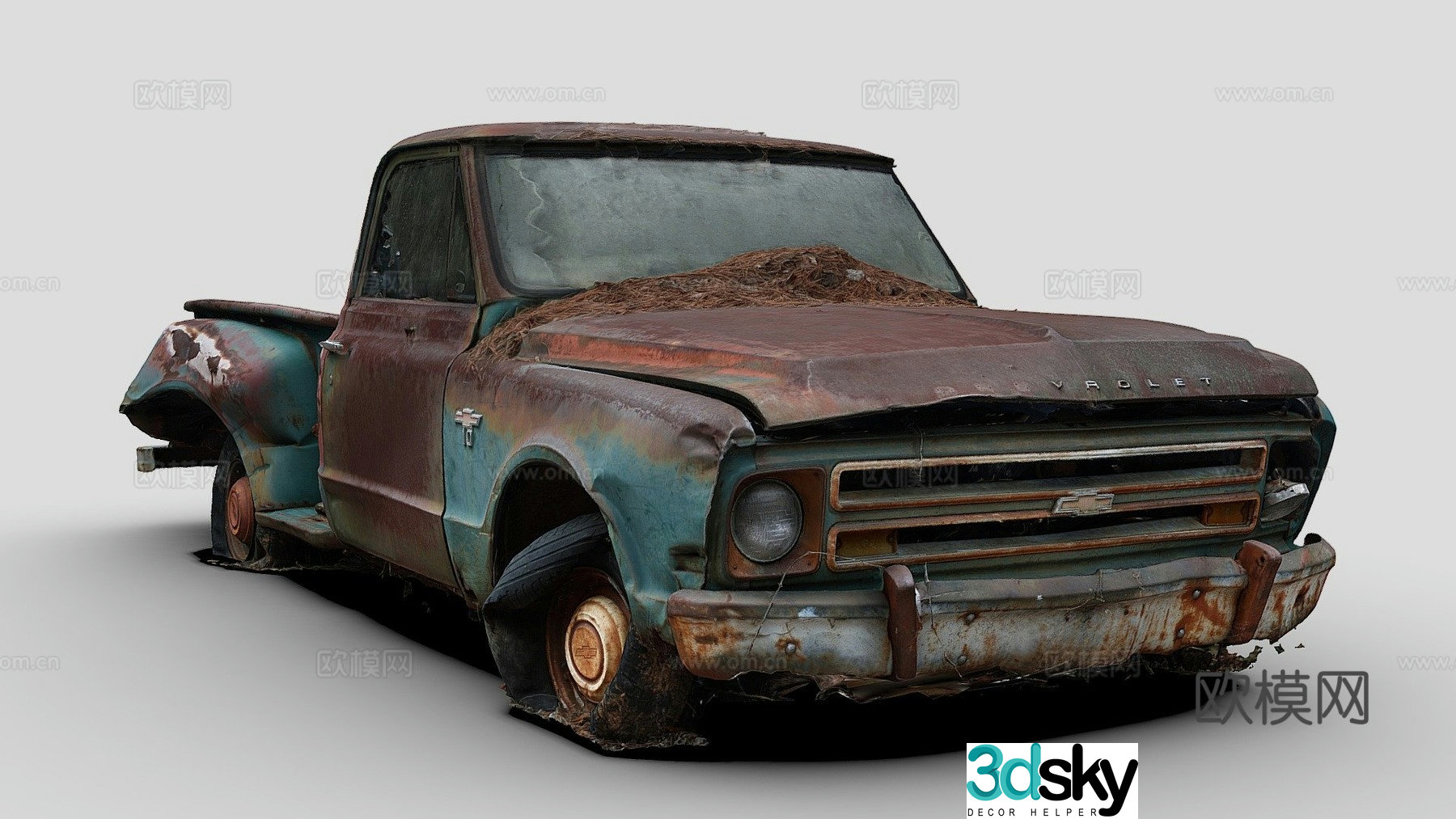 green truck wreckage 3d model