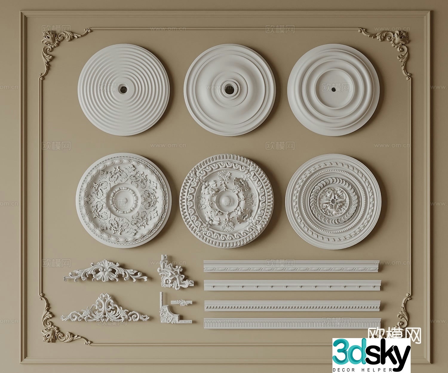 European carved lamp panel plaster disc plaster line 3D model