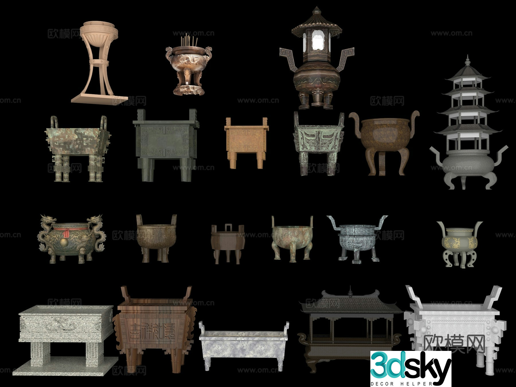 bronze tripod incense burner bronzeware bronze incense burner 3d model