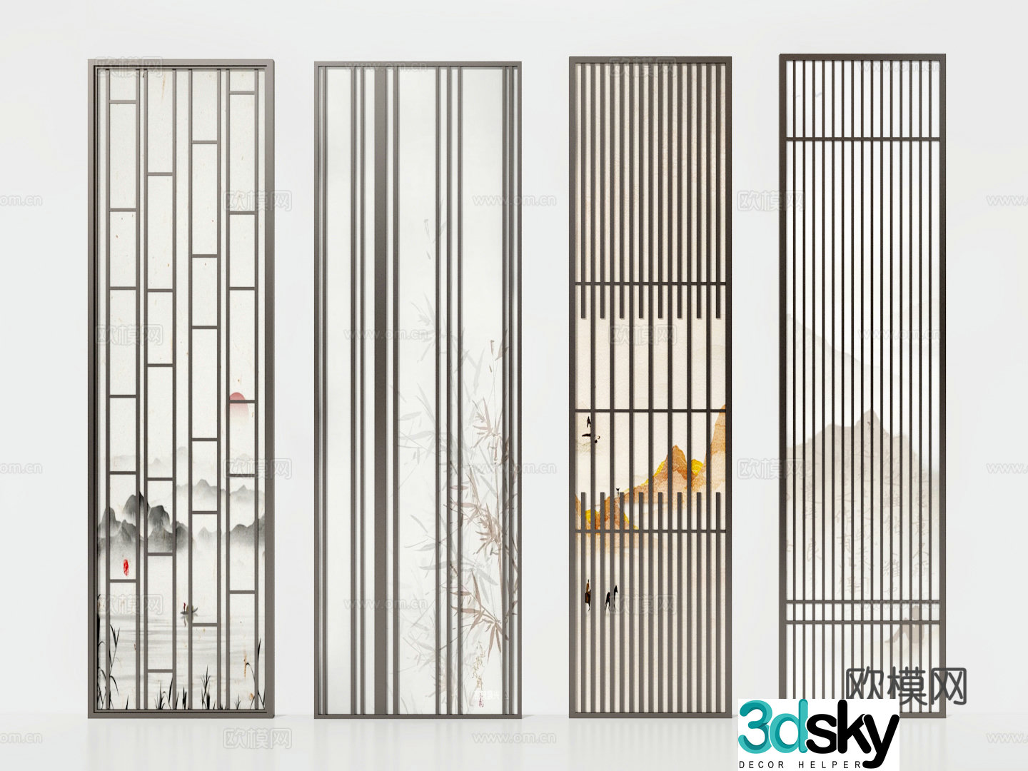 New Chinese style screen grille screen mural screen 3d model