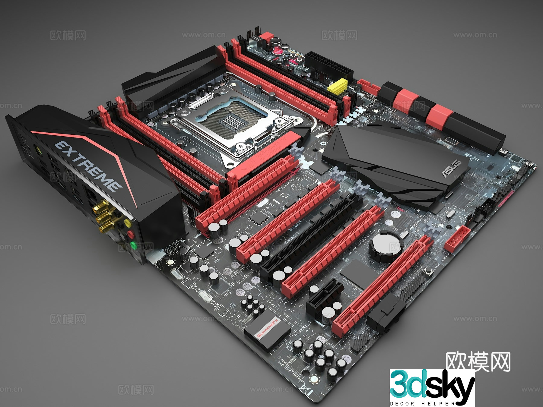 computer motherboard motherboard asus motherboard chip slot memory slot graphics card slot chip 3d model