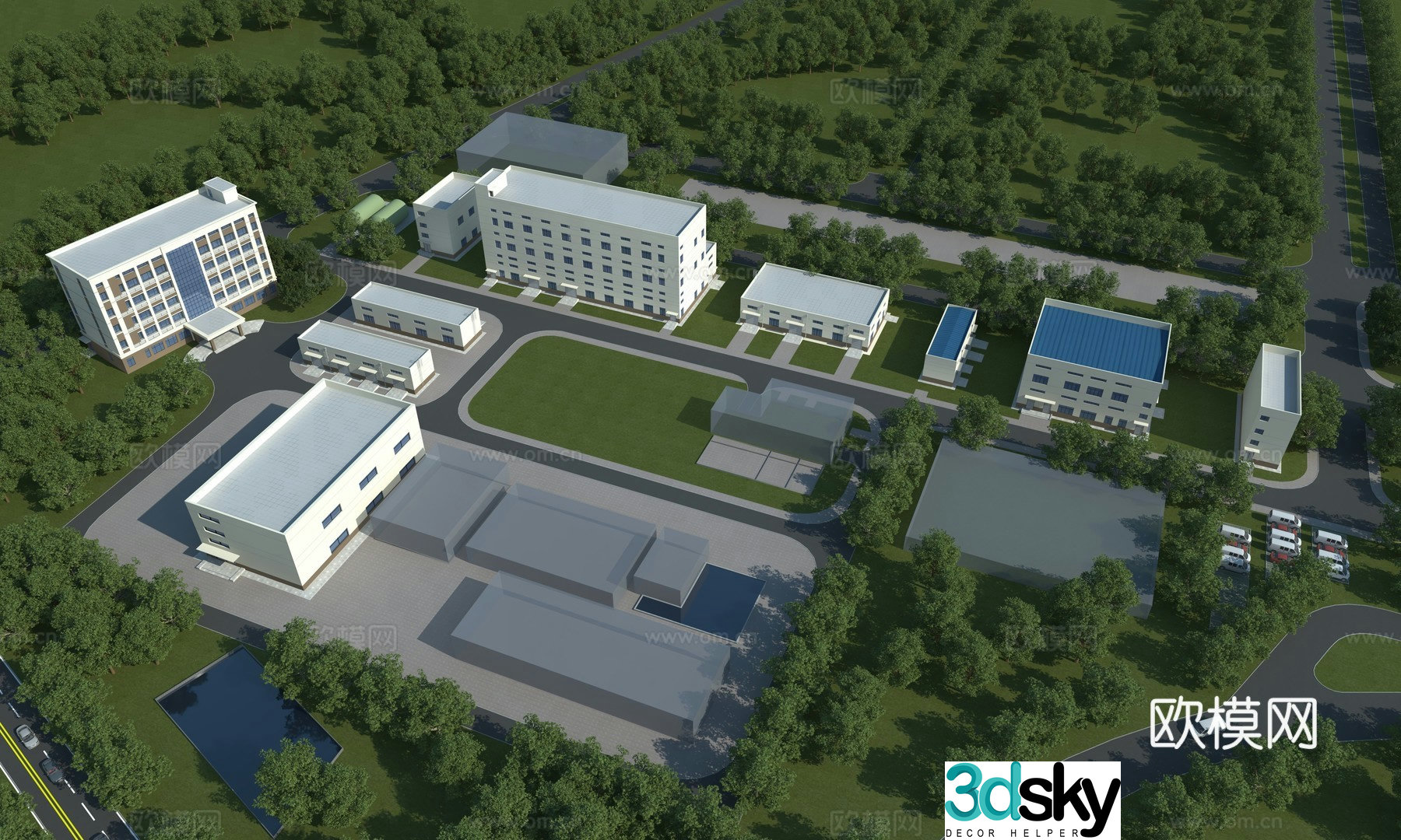 Aerial view 3D model of factory building