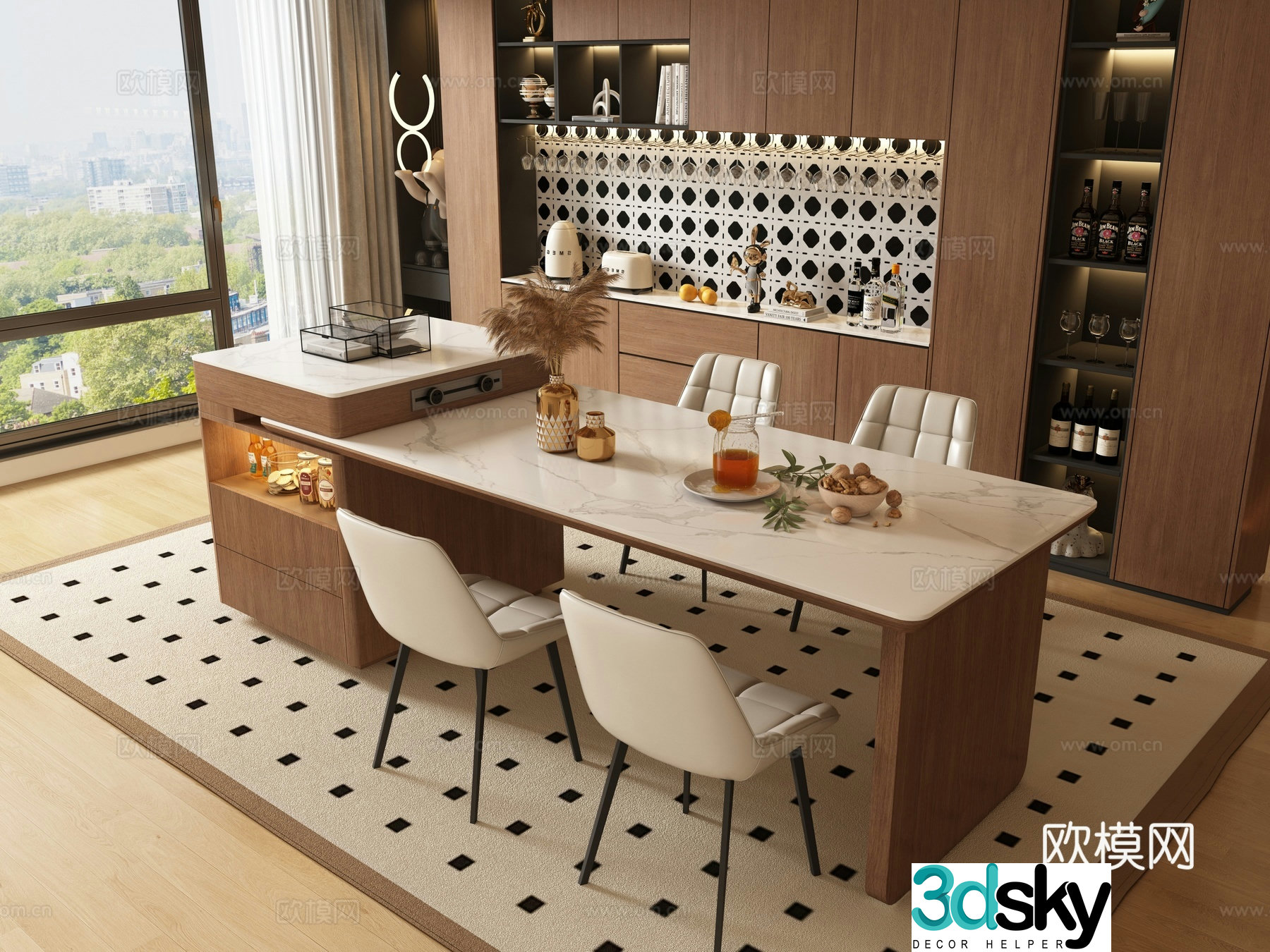 Medieval style island dining table and chairs 3D model