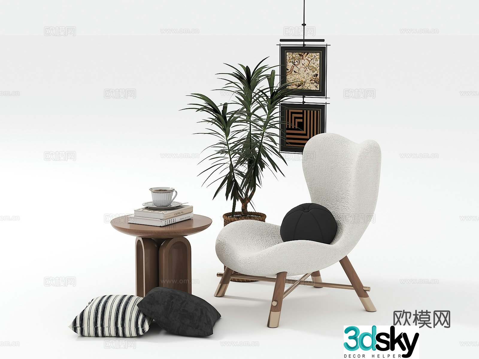 Medieval style leisure chair side table hanging painting potted plant 3D model