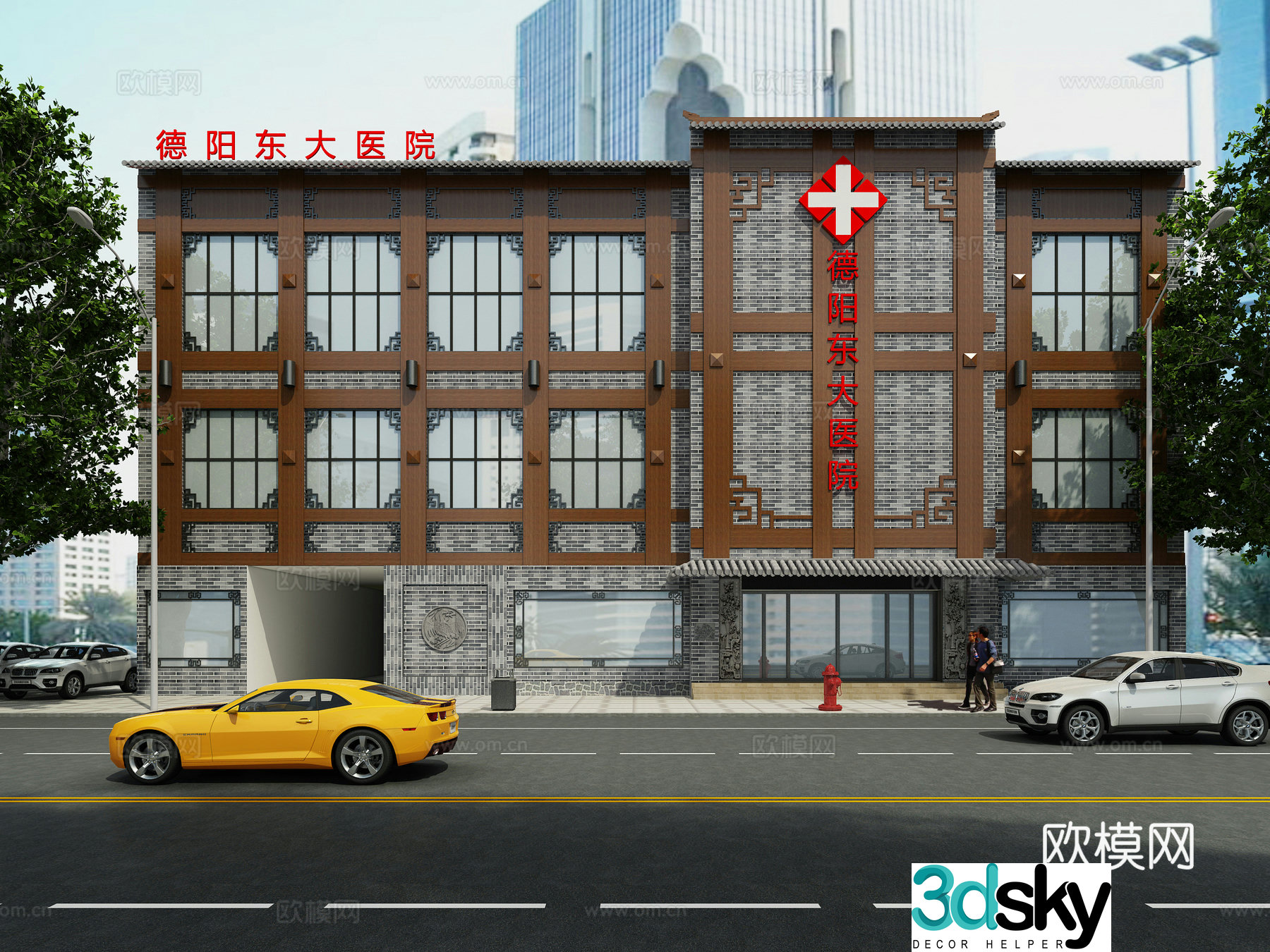Chinese style hospital appearance hospital door 3d model