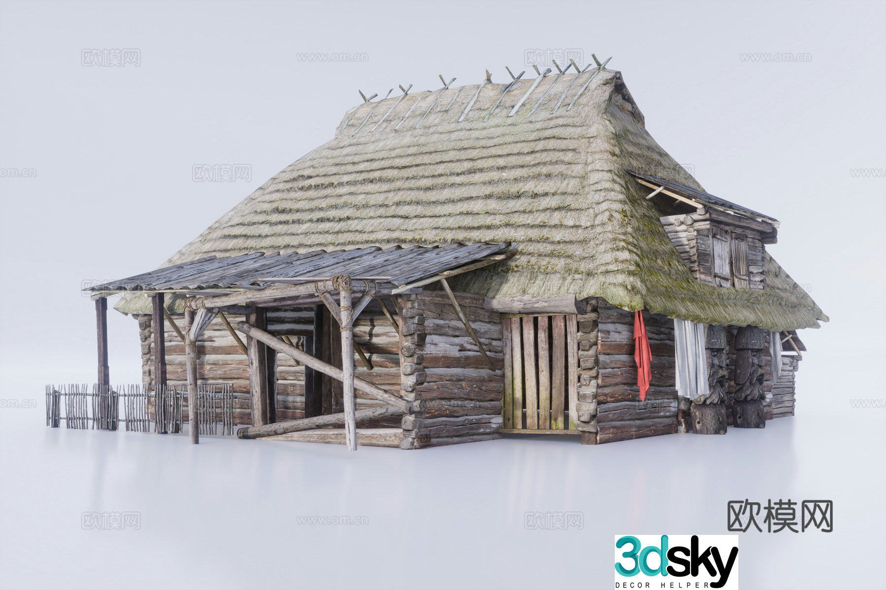 New Chinese style log cabin thatched house 3D model