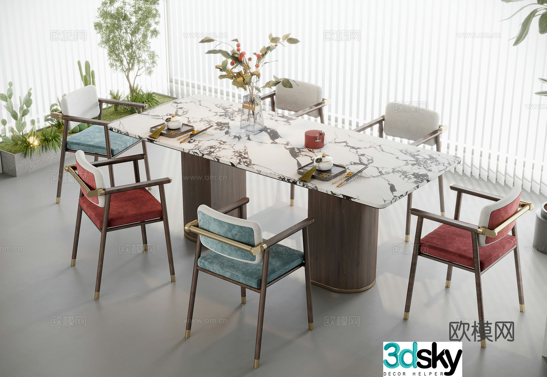 New Chinese style dining table and chairs marble dining table 3d model