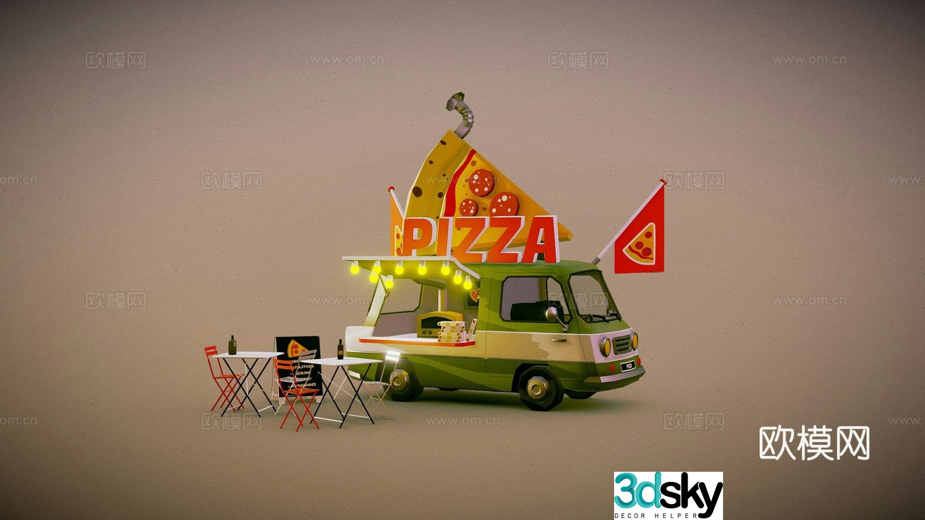 Pizza food truck 3d model