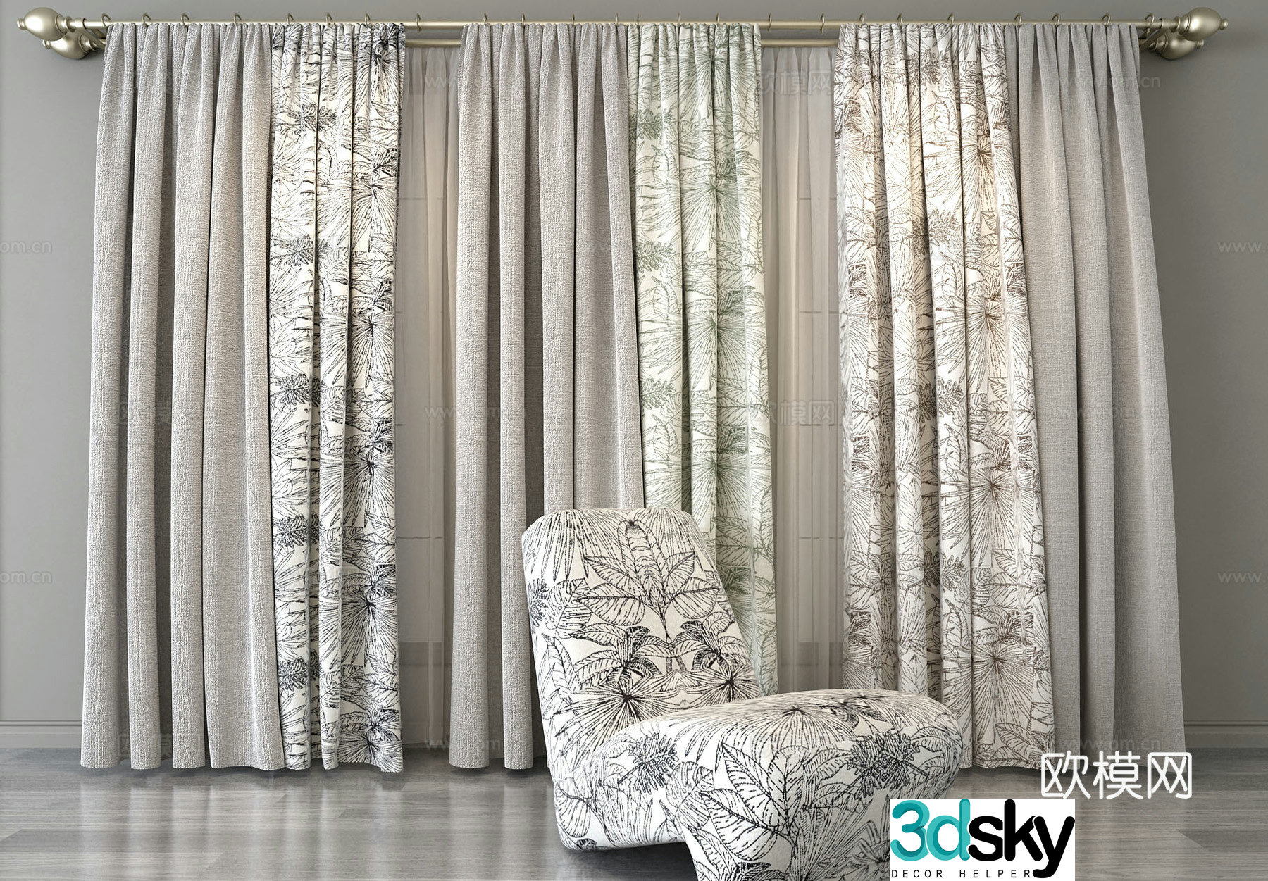 Modern printed fabric curtain 3d model