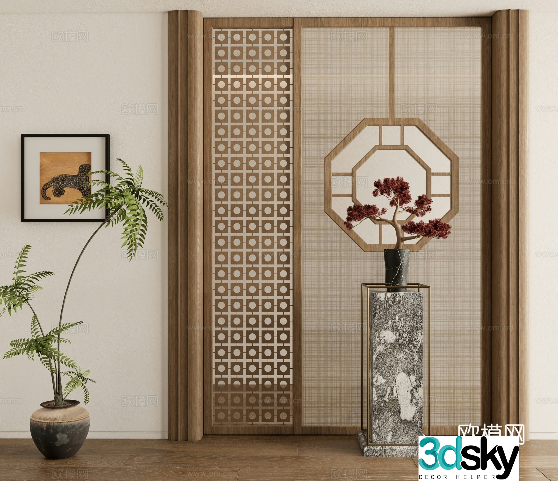 New Chinese style screen lattice screen flower stand 3D model