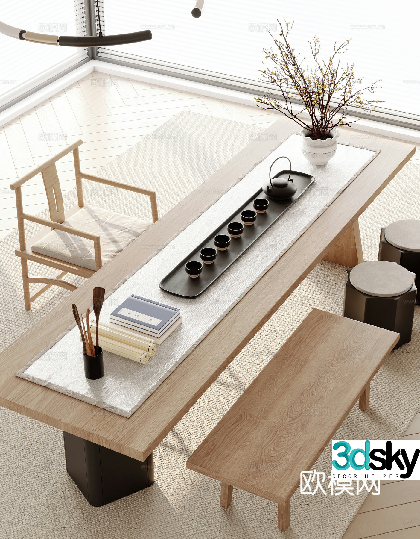 New Chinese tea table and chairs 3d model