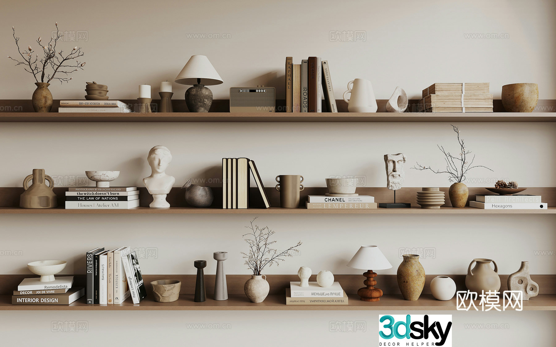 Wabi-sabi decorations ornaments clay pots books 3d model