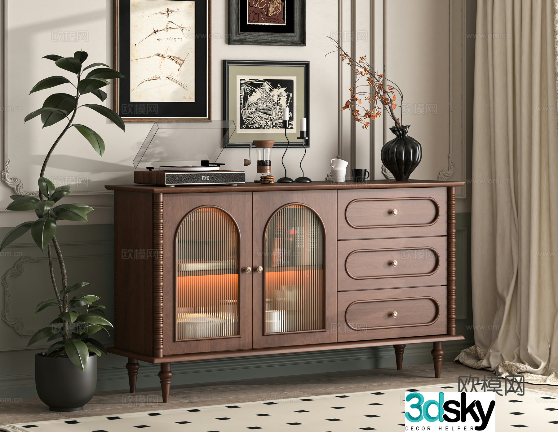 Middle-aged style porch cabinet side cabinet 3D model
