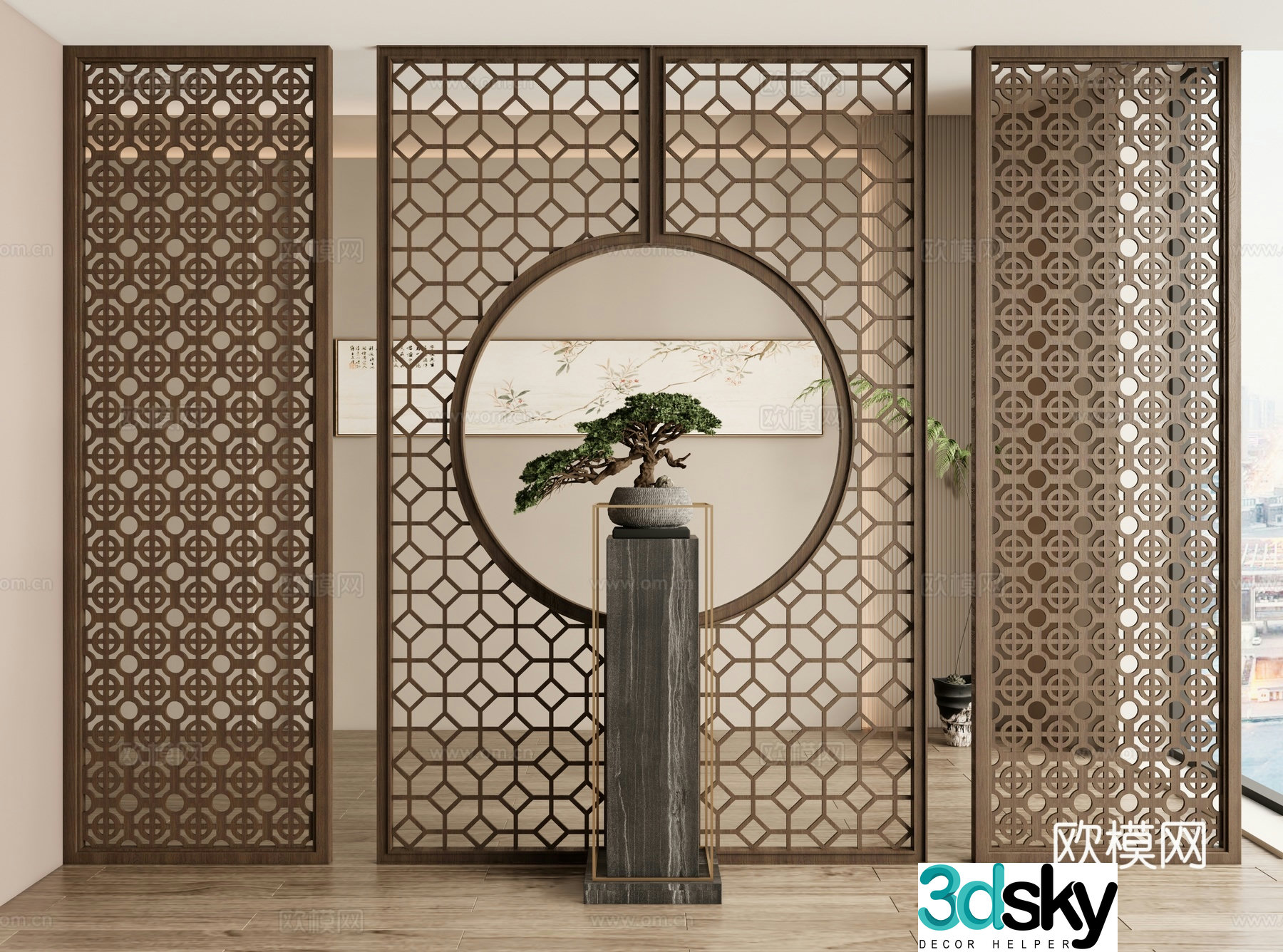 New Chinese style screen entrance screen lattice screen 3D model