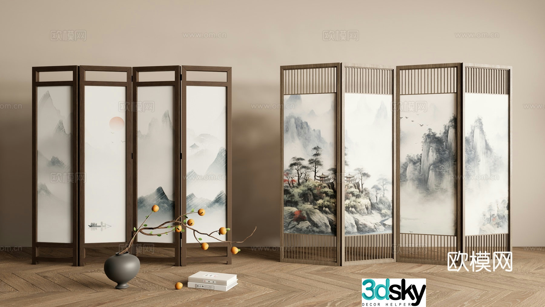 New Chinese style screen landscape painting screen entrance screen 3D model