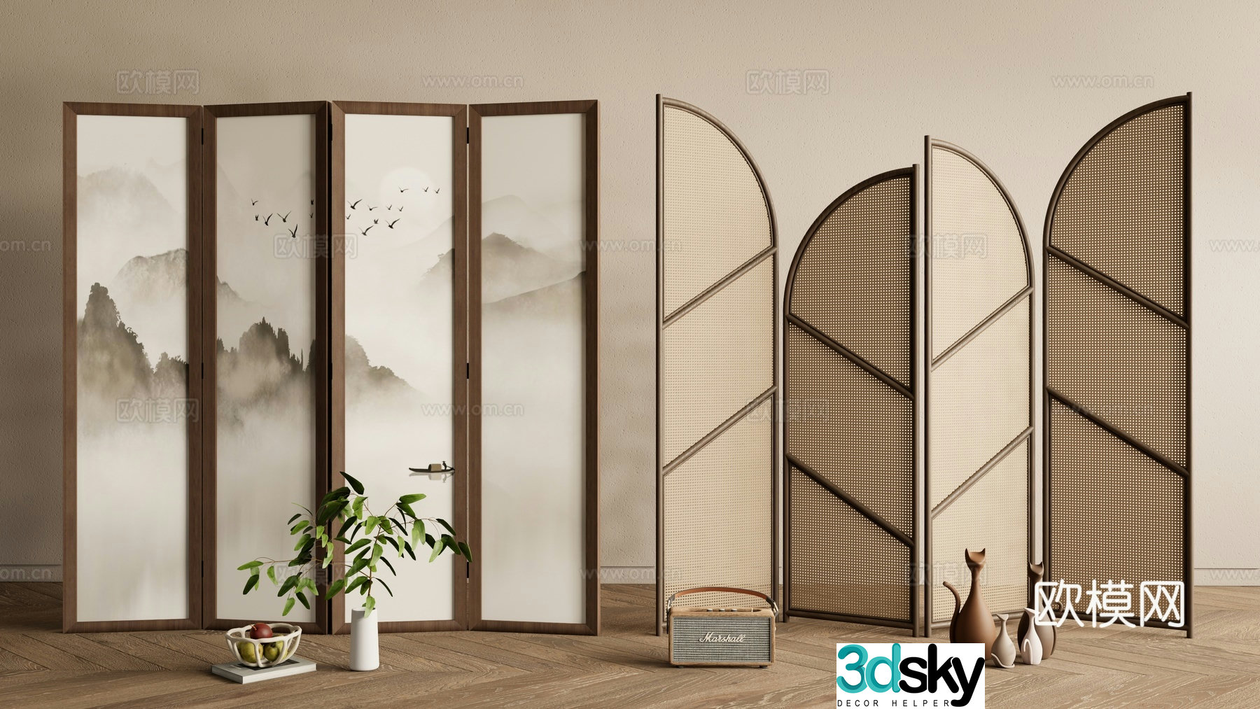 New Chinese style screen entrance screen rattan screen 3D model