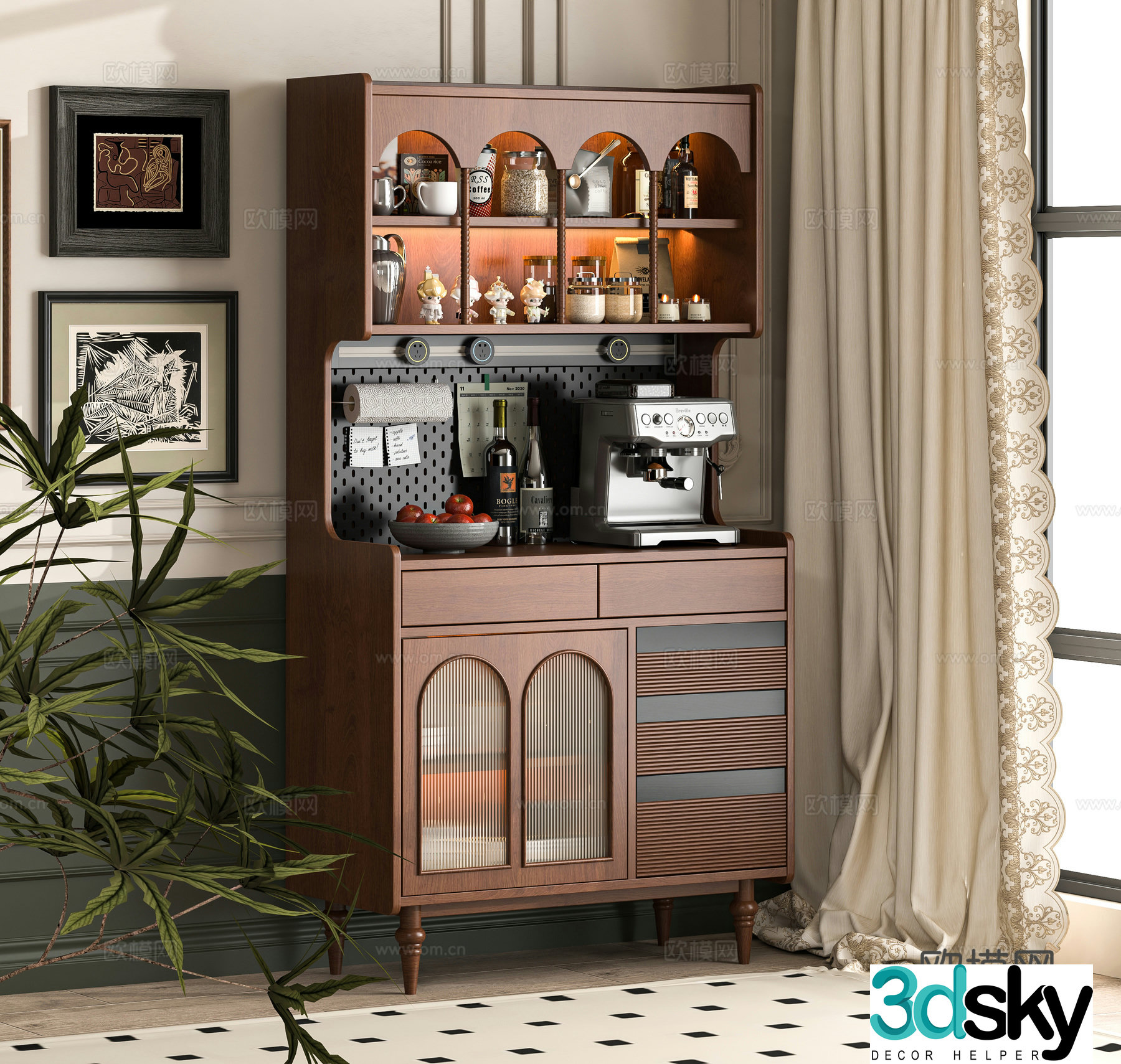 Middle -aged Wind Counter Cabinet 3D Model
