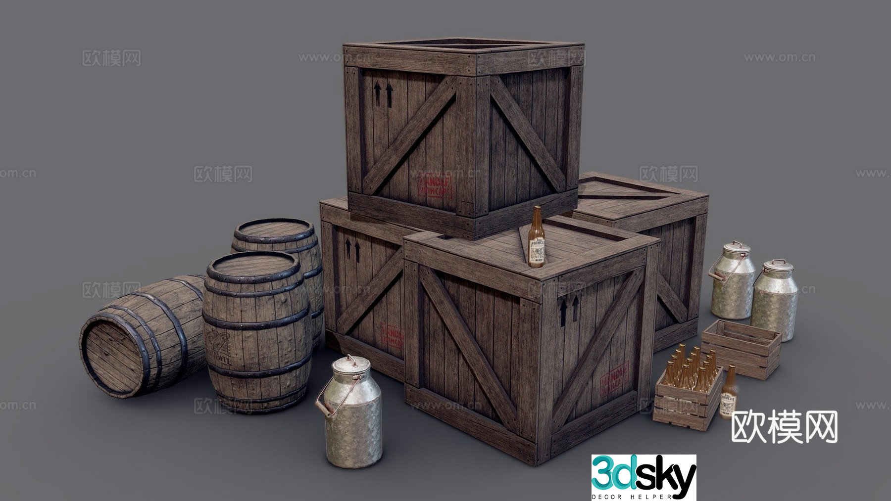 Cargo props wooden box wooden barrel 3d model
