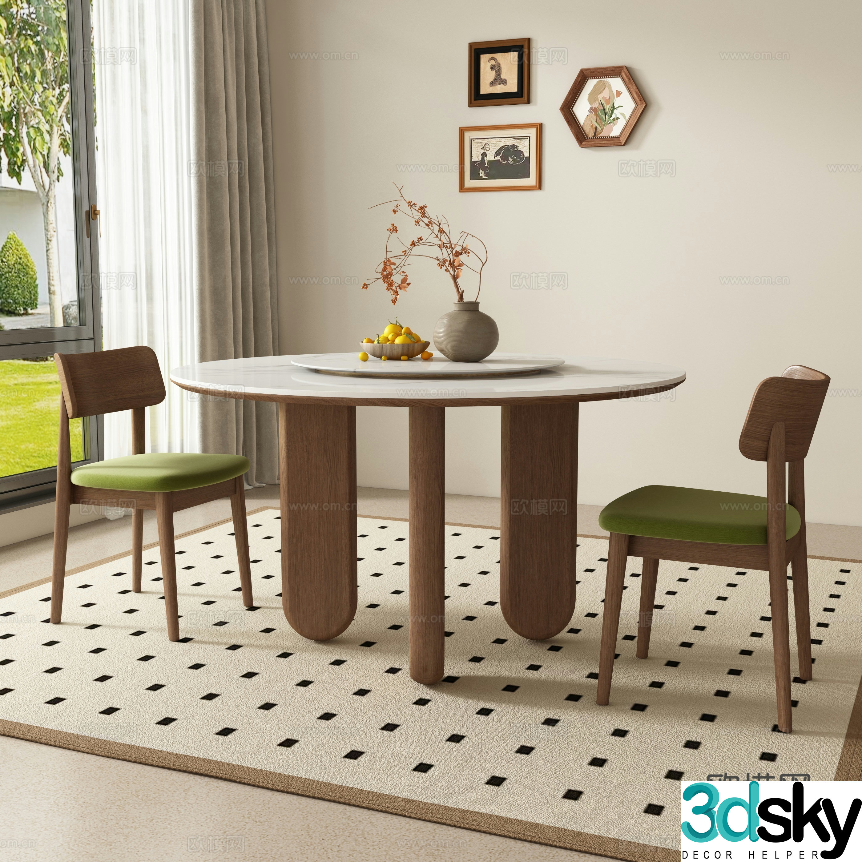 Medieval style dining table and chairs round dining table 3d model