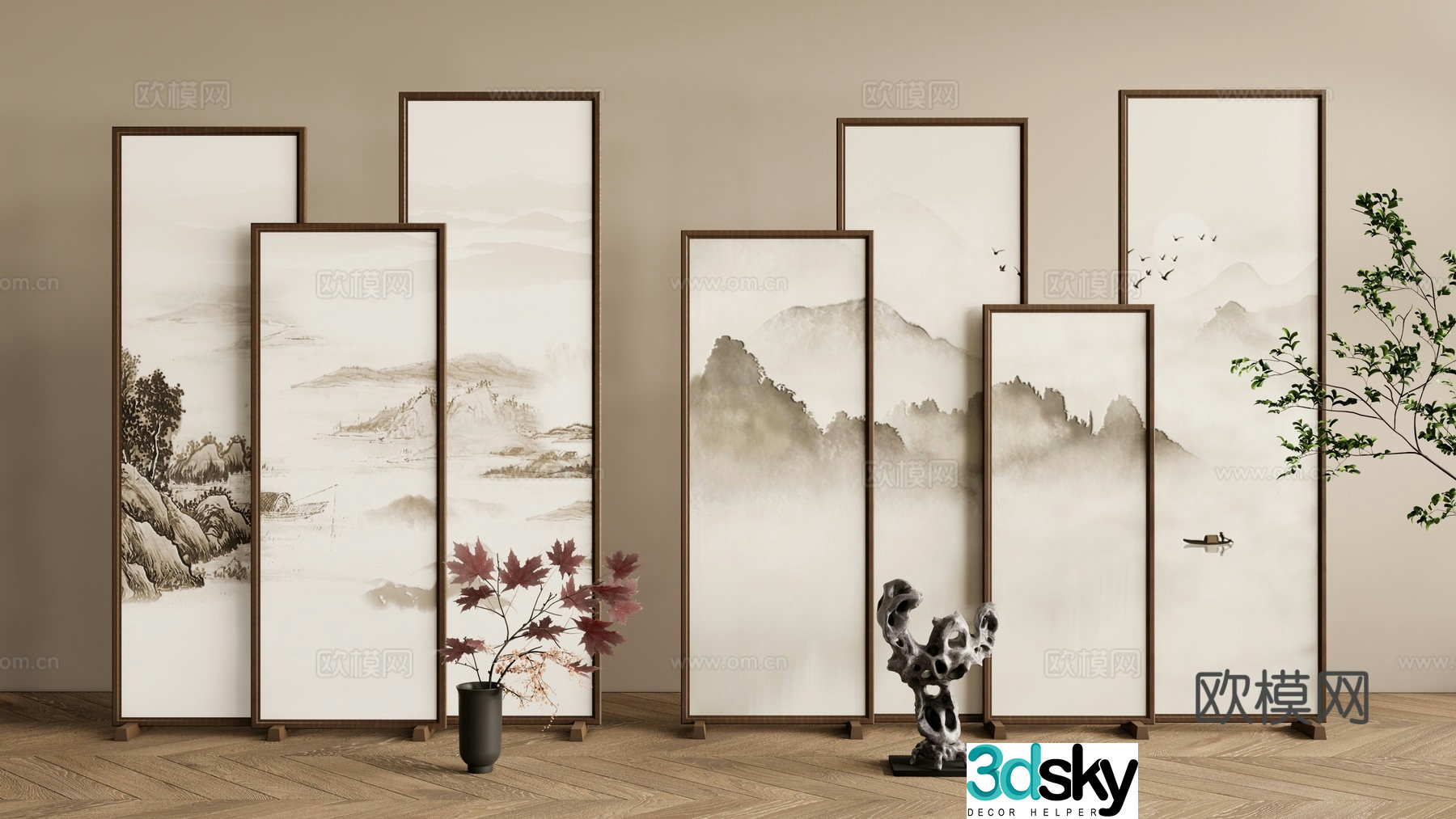 New Chinese style screen decorative screen entrance screen 3D model