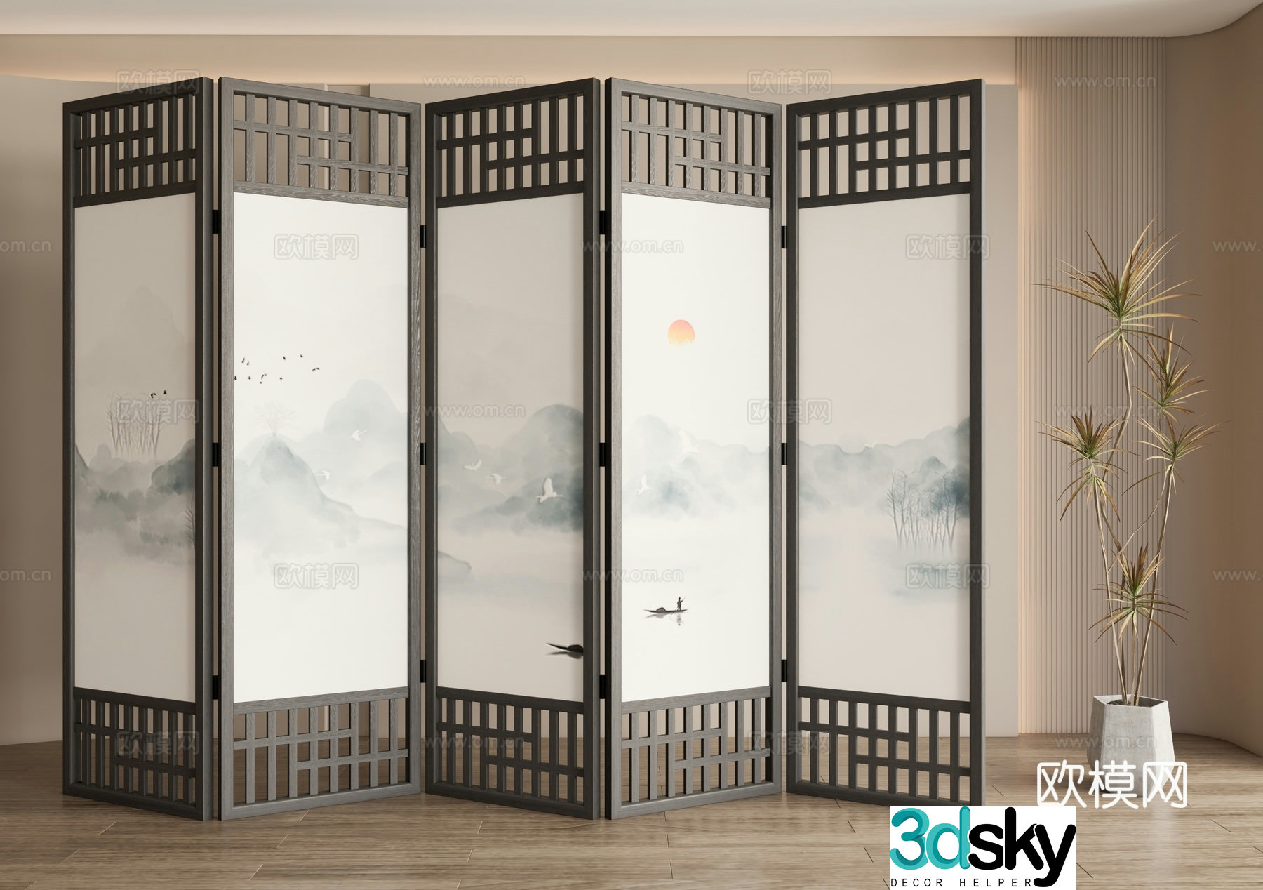 New Chinese style screen decorative screen entrance screen 3D model