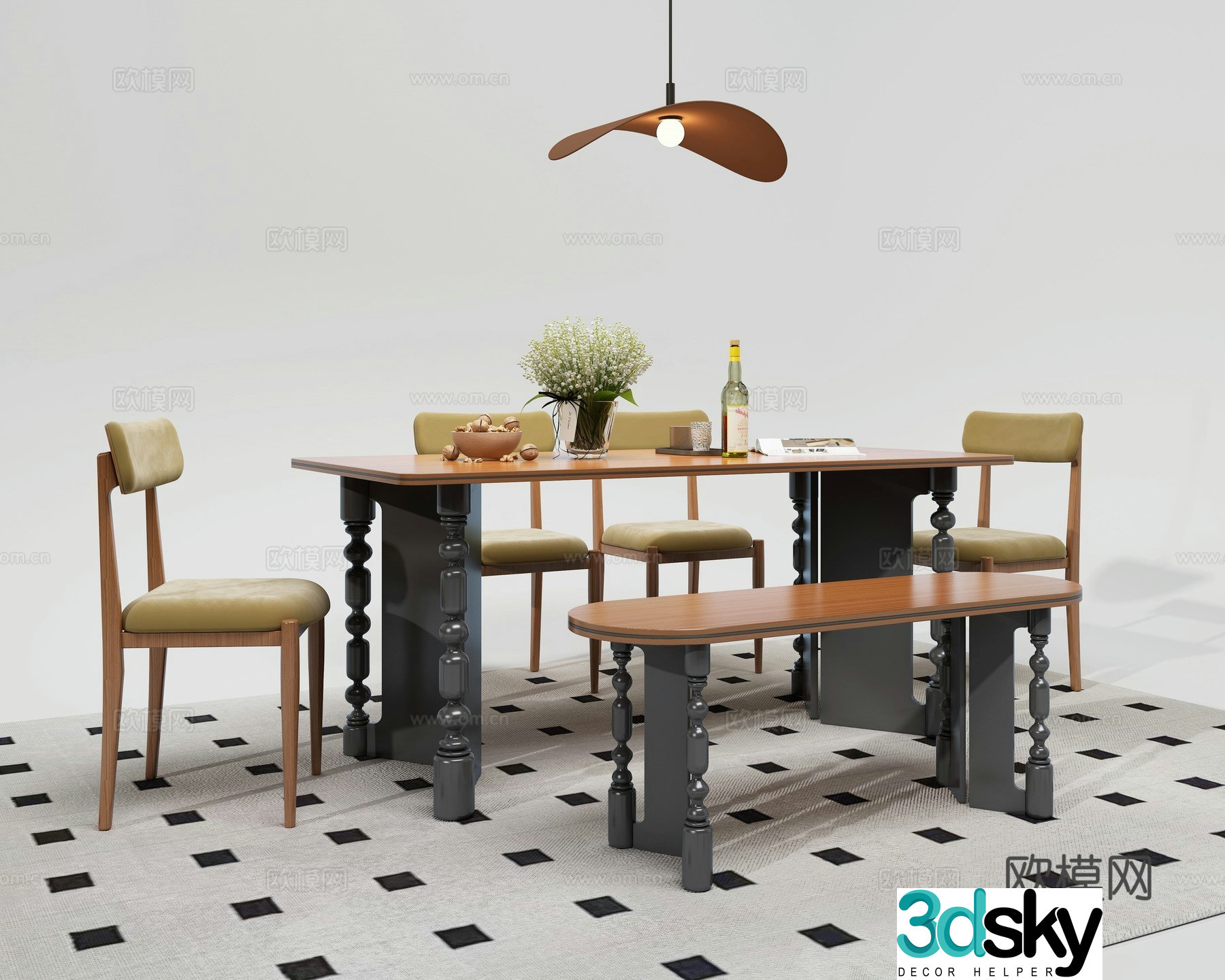 Medieval style dining table and chairs bar dining table 3D model
