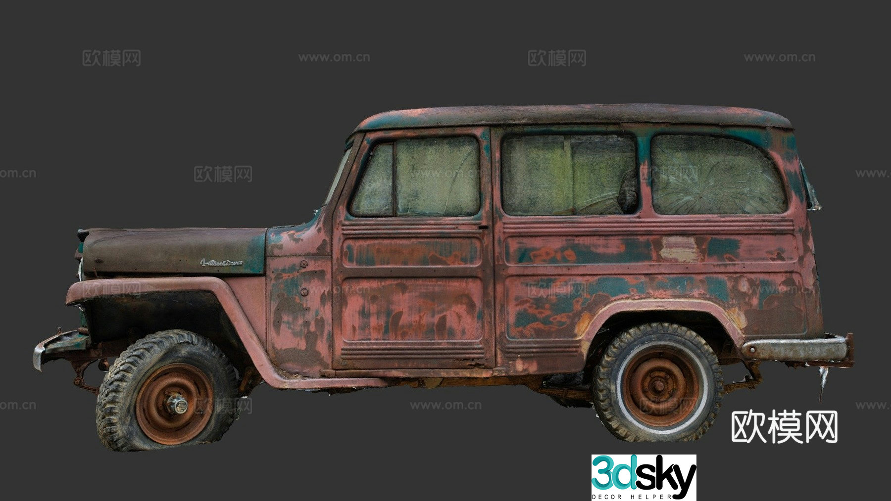 dilapidated car jeep 3d model
