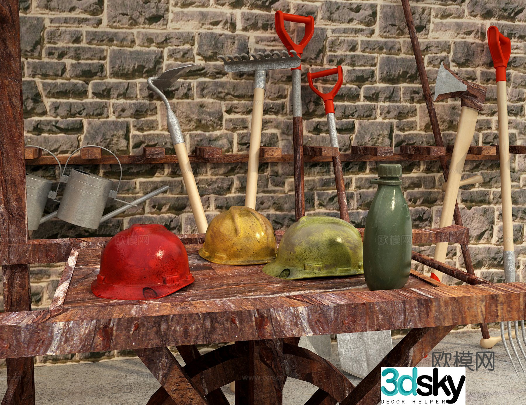 farm tools hat retro tools kettle 3d model