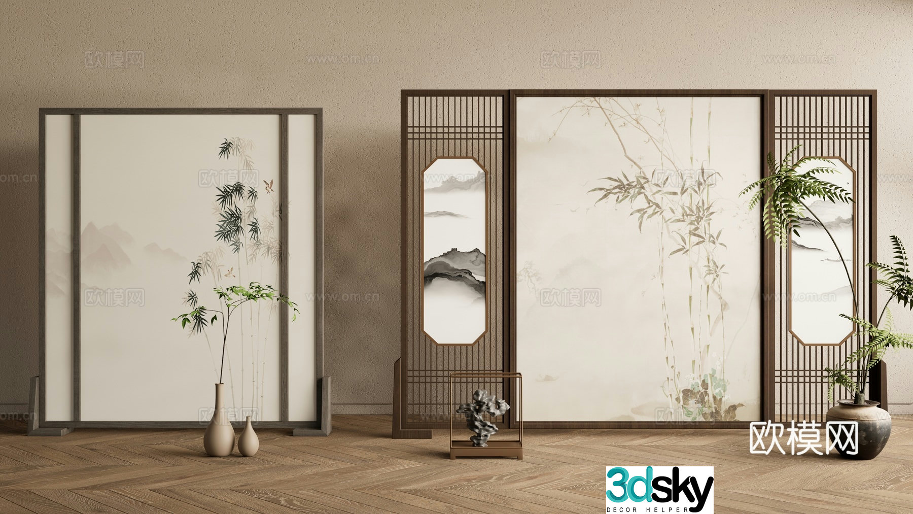 New Chinese style screen lattice screen entrance screen 3D model