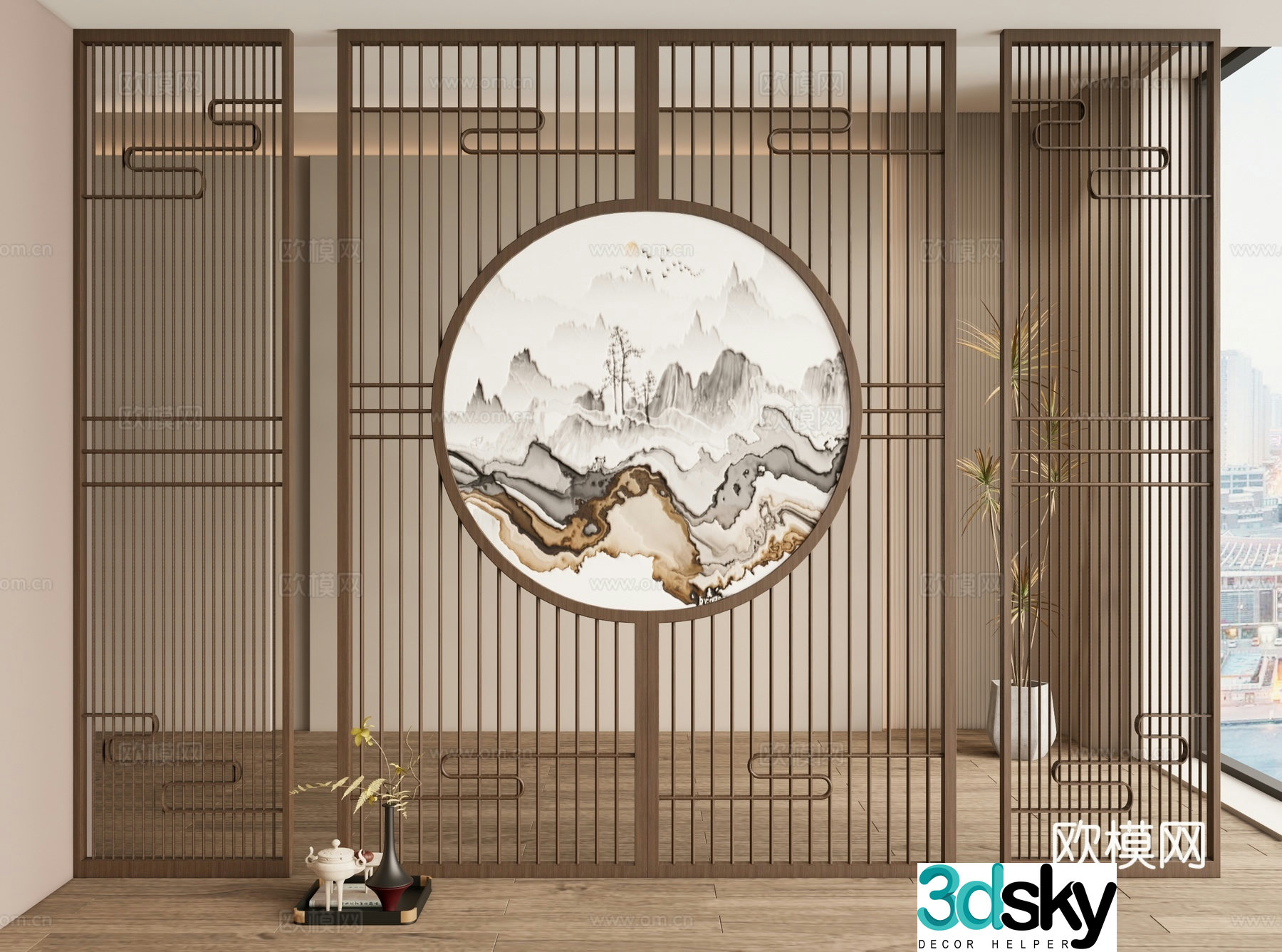 New Chinese style screen lattice screen entrance screen 3D model