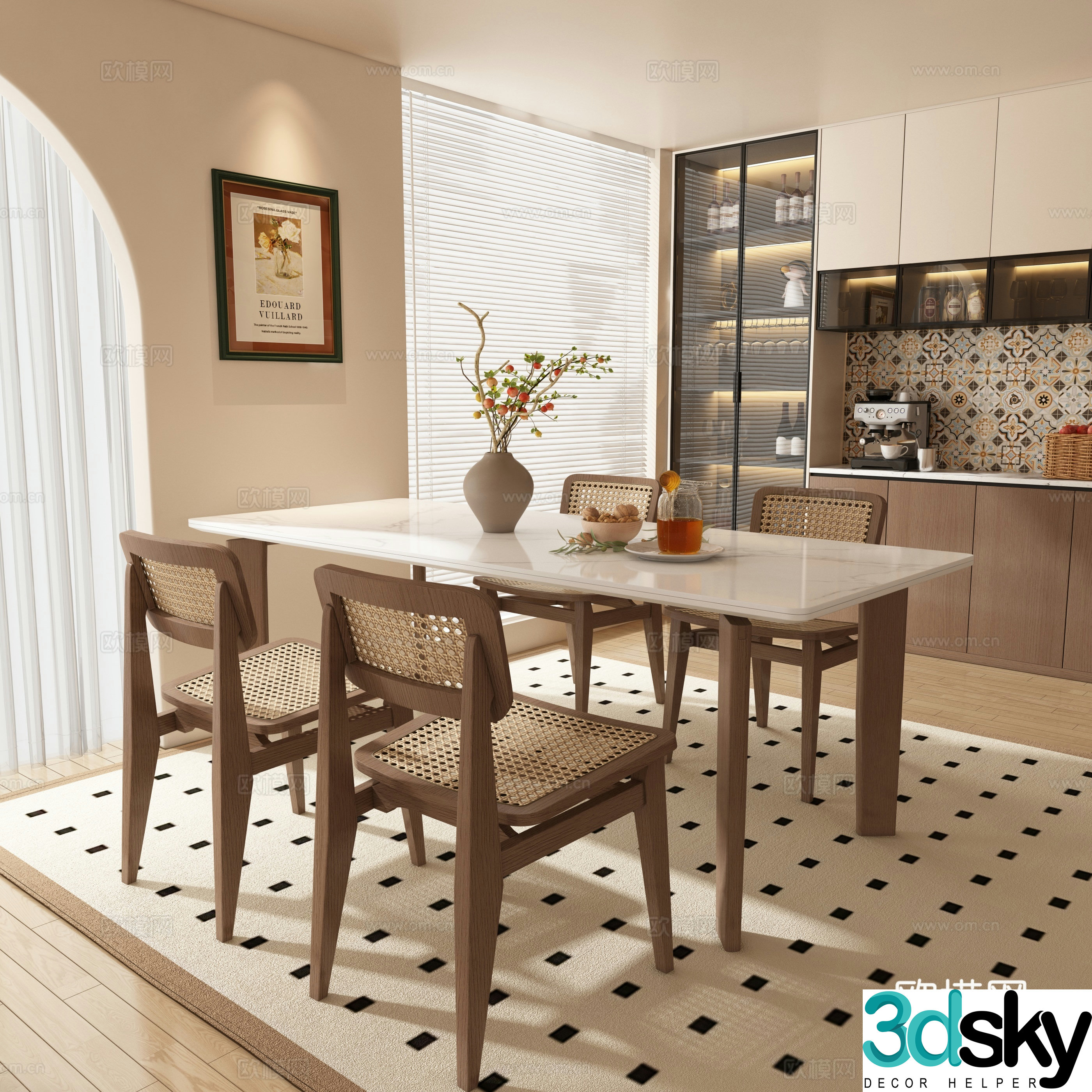 Medium style dining table and chairs strip dining table 3D model