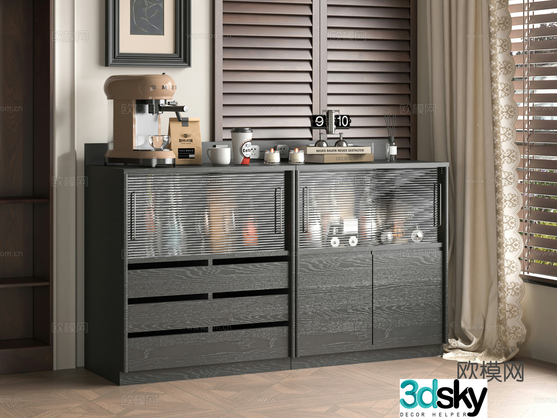 Middle -aged Wind Counter Cabinet 3D Model